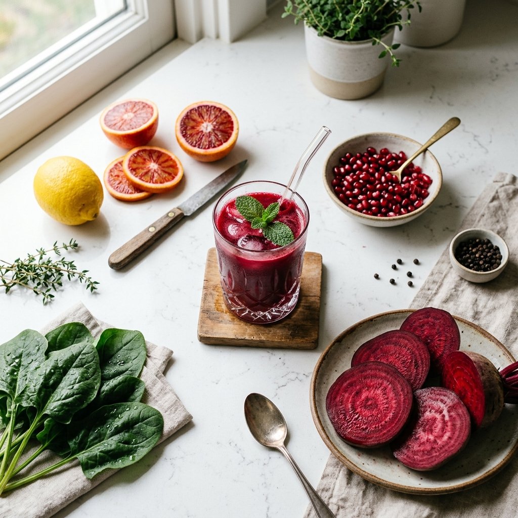 Fresh organic beets, pomegranate, citrus, and cold-pressed ruby juice on kitchen counter for natural nitric oxide blood flow