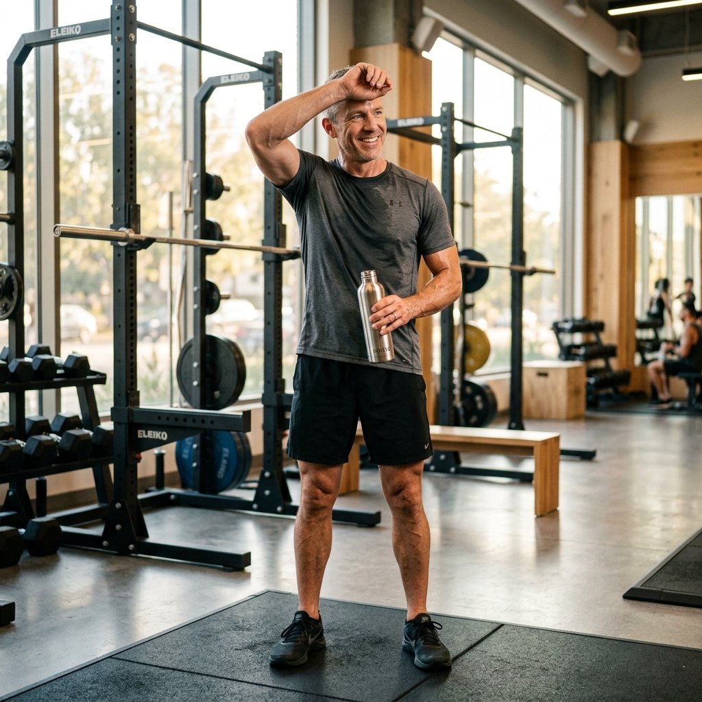 Fit and healthy athletic mature man resting after morning strength training with radiant energy and male vitality